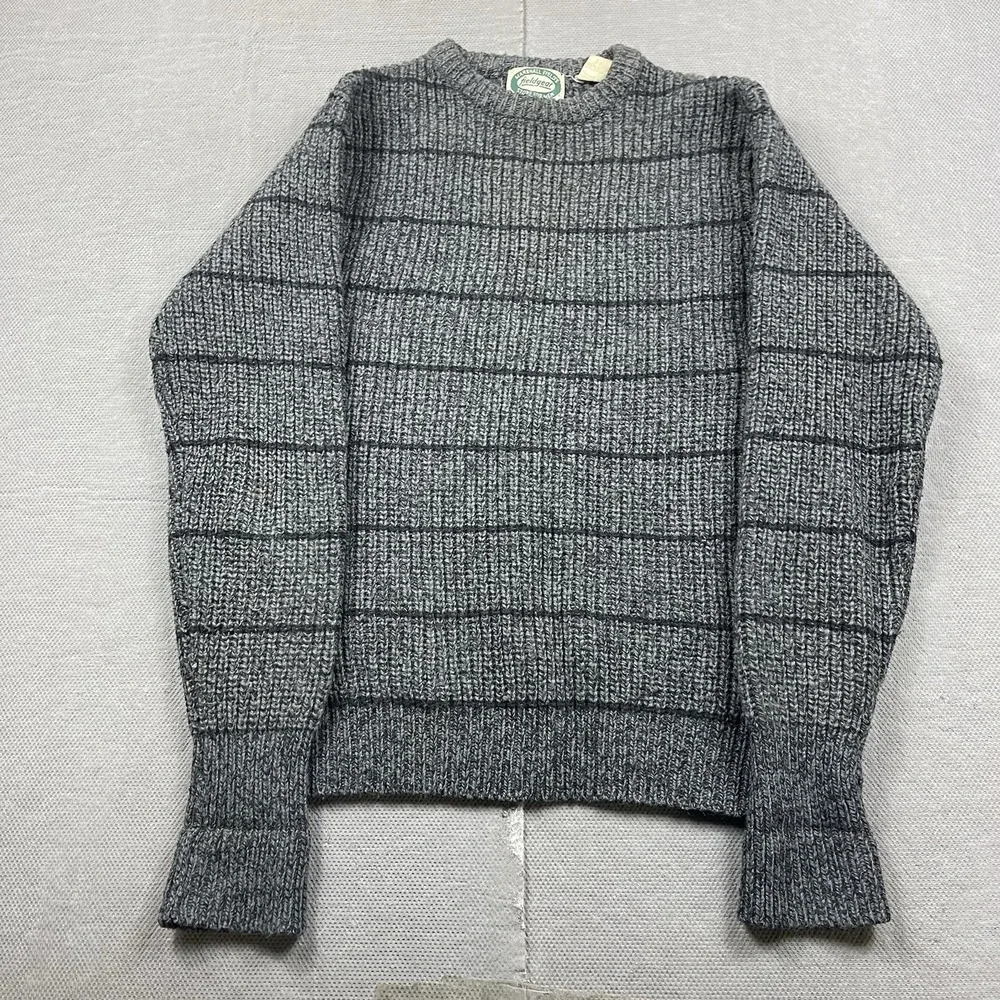 Marshall Fields Fieldgear Sweater Mens Medium Gray Chunky Knit Wool Grid Stripe